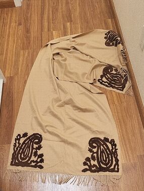 Loro Piana Beige Cashmere Shawl  With Dark Brown Mink Fur Paisley Ornament